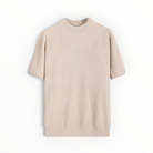 A light beige ribbed knit short-sleeve top with a crew neck, displayed flat against a clean white background.