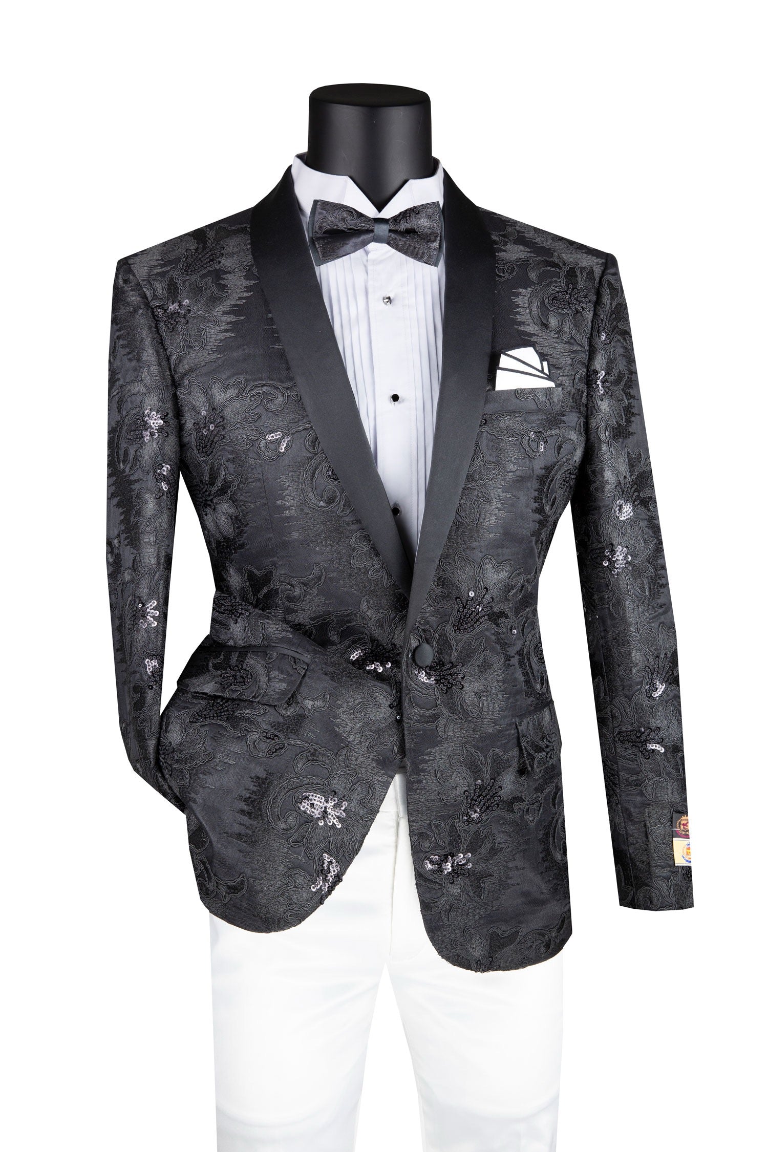 Men's Slim Fit Embroidery Blazer with Bowtie | Shawl Lapel Tuxedo Jacket