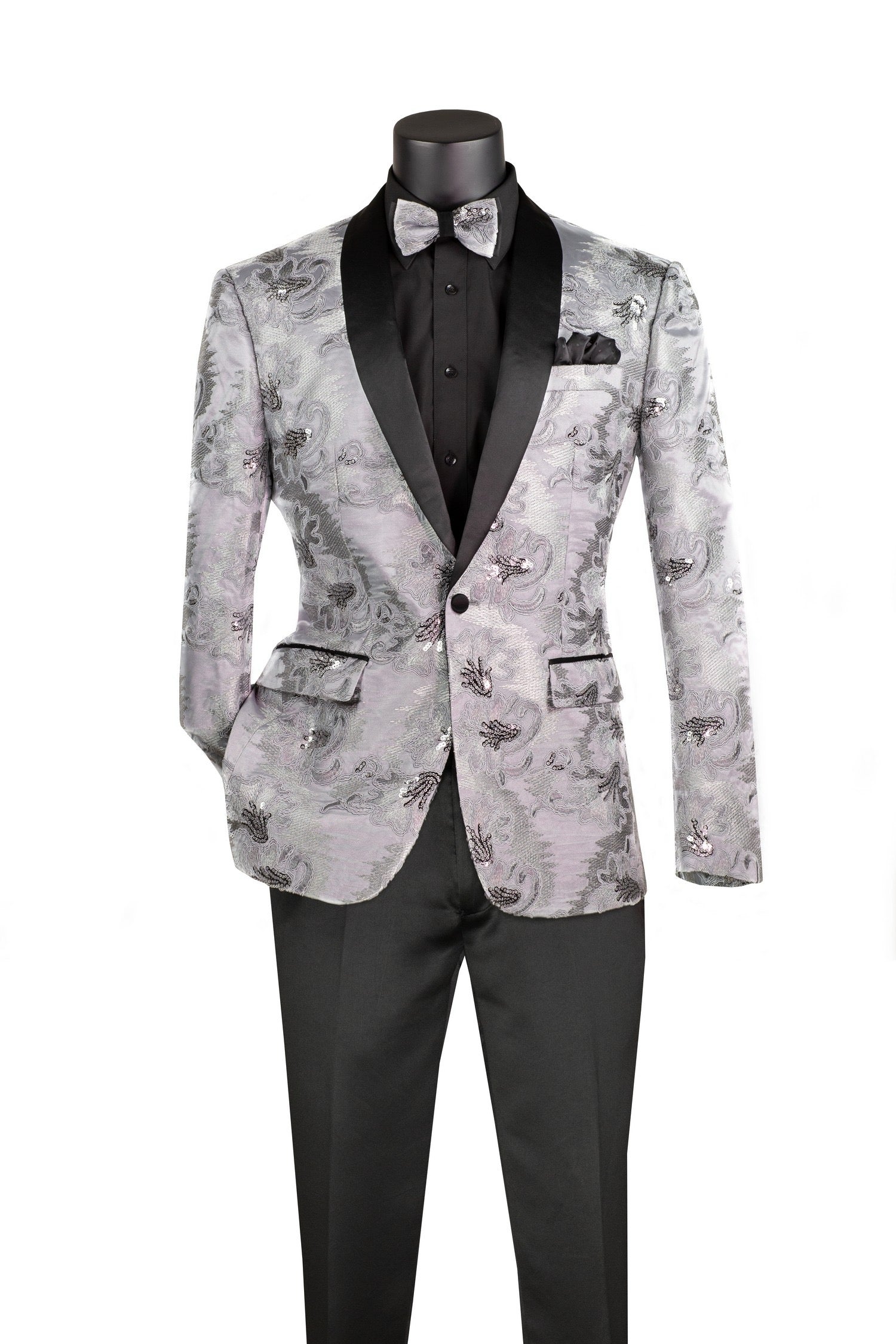 Men's Slim Fit Embroidery Blazer with Bowtie | Shawl Lapel Tuxedo Jacket
