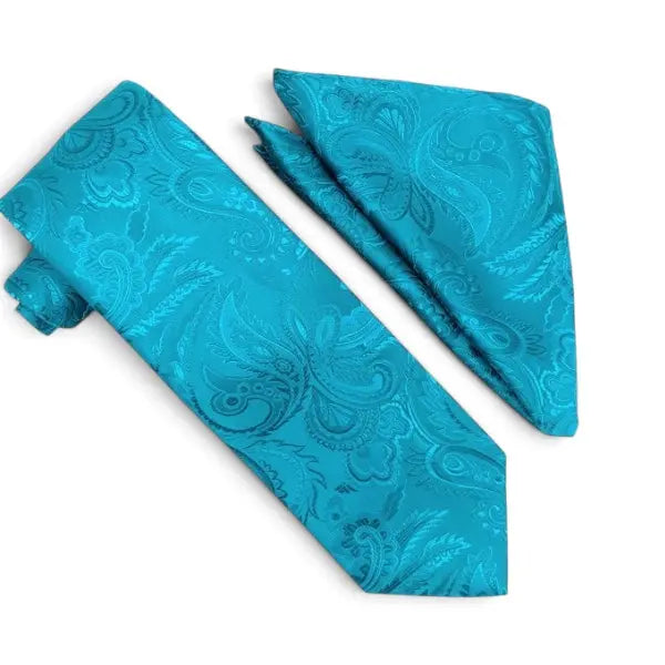 A turquoise blue necktie and matching pocket square set with a woven paisley pattern, displayed on a clean white background.