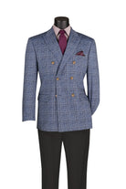 Blue checkered suit jacket with a red tie and pocket square on a mannequin against a white background