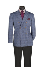 Blue checkered suit jacket with a red tie and pocket square on a mannequin against a white background