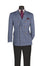 Blue checkered suit jacket with a red tie and pocket square on a mannequin against a white background