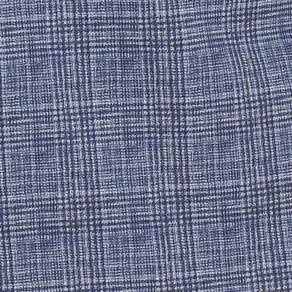 A close-up of a blue and white plaid fabric texture.