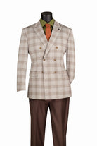 Plaid blazer and brown pants on a mannequin against a white background