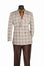 Plaid blazer and brown pants on a mannequin against a white background