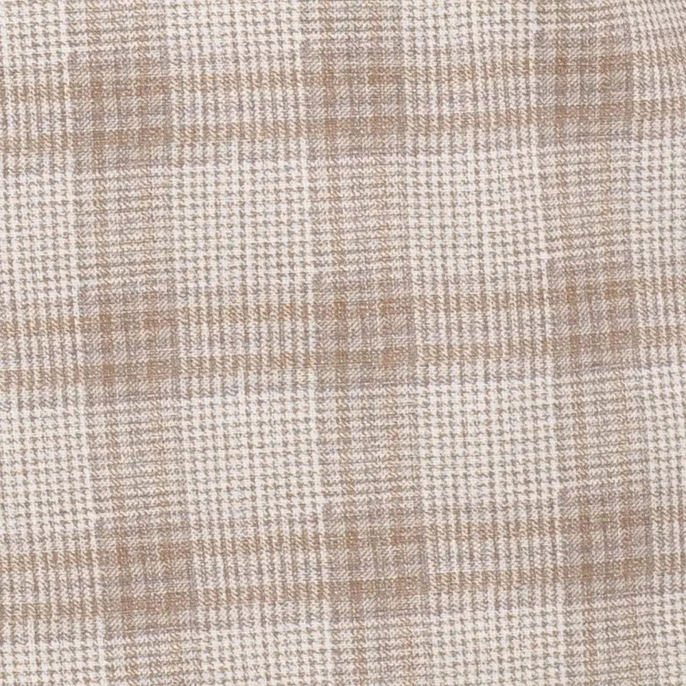 A close-up of a woven fabric with a subtle plaid pattern in beige and off-white.