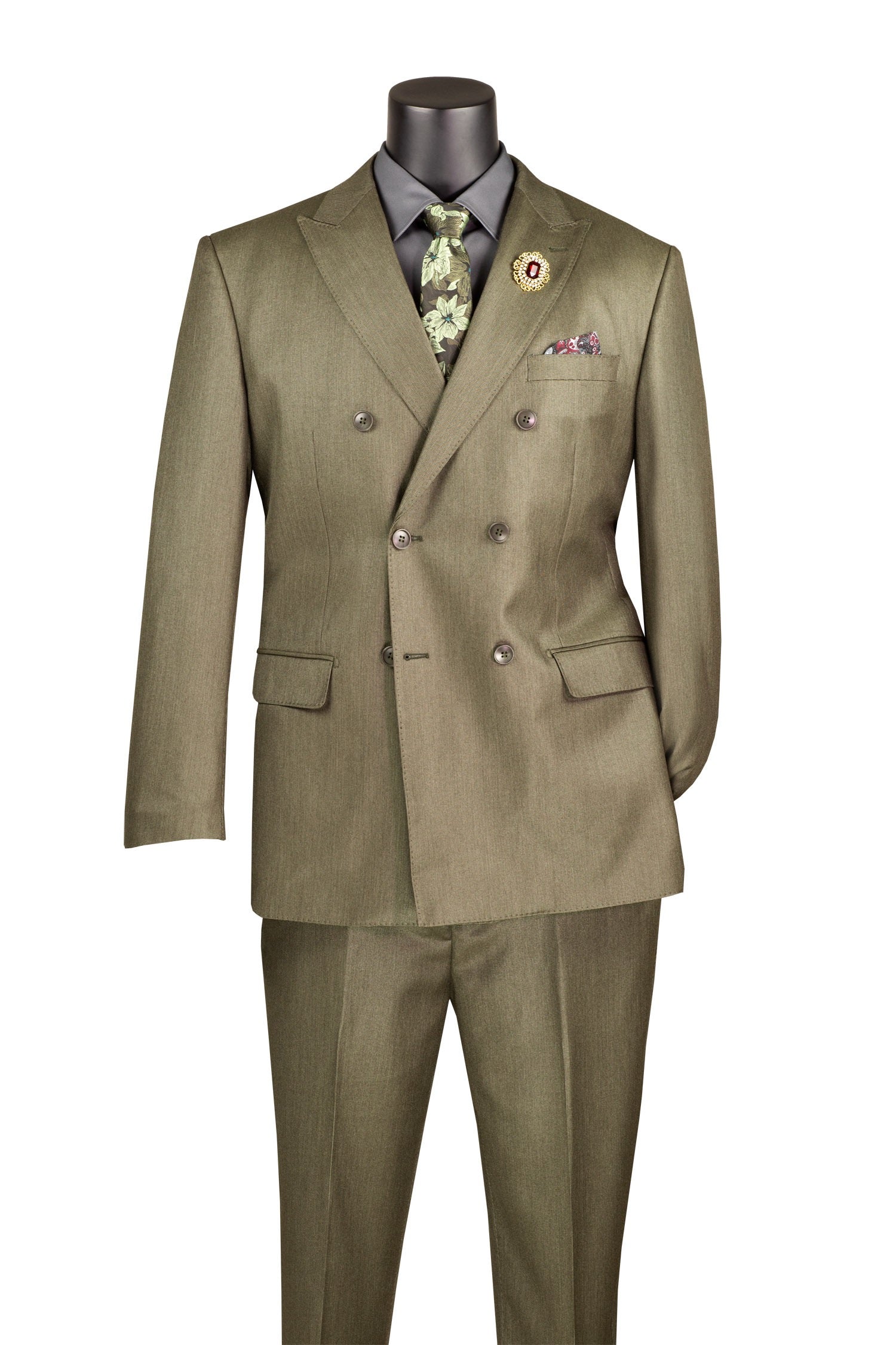 Green suit with a tie and pocket square on a mannequin against a white background