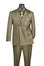 Green suit with a tie and pocket square on a mannequin against a white background