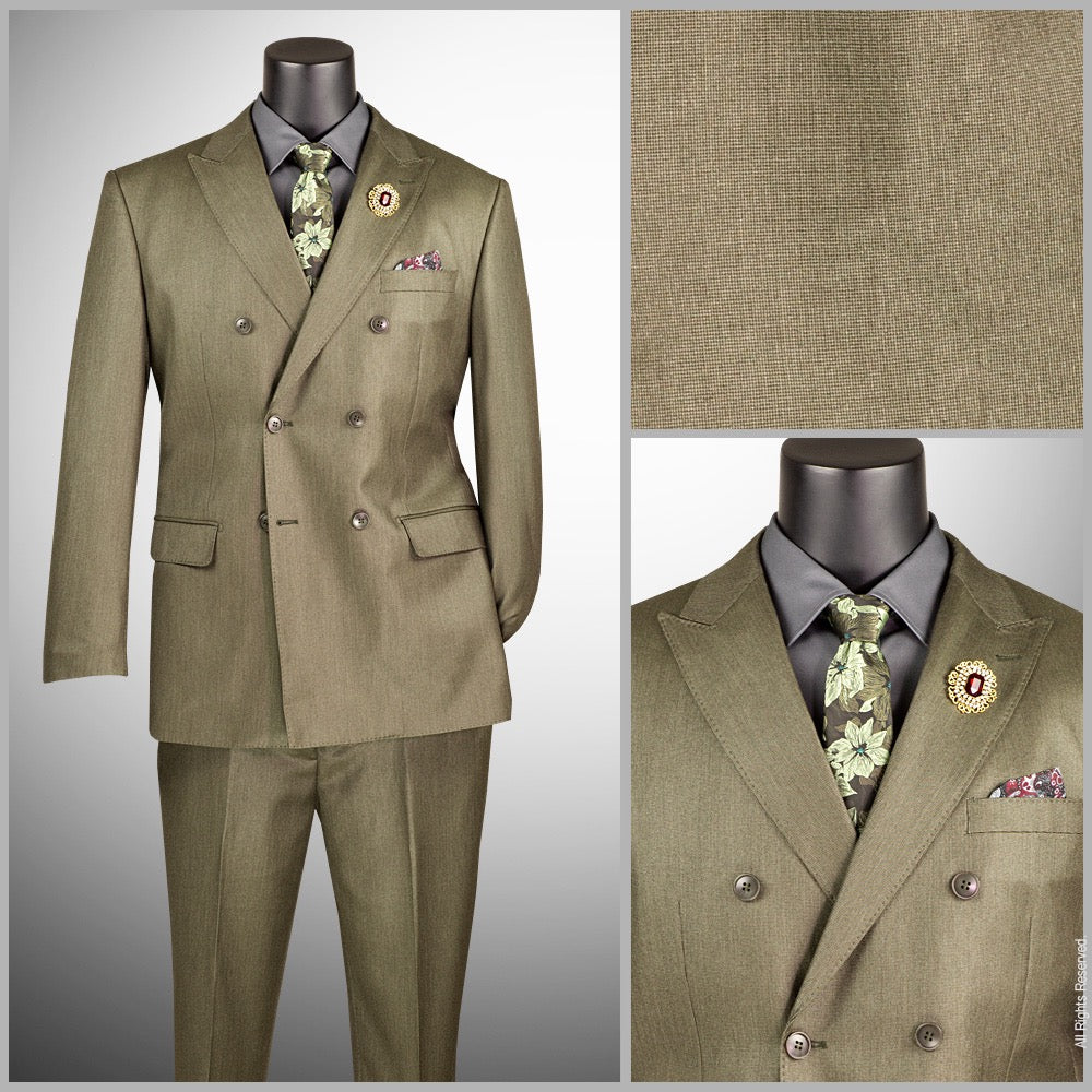 An olive green double-breasted suit displayed on a mannequin, with a close-up inset of the textured fabric and another inset showing the suit jacket and dress shirt on a mannequin torso.