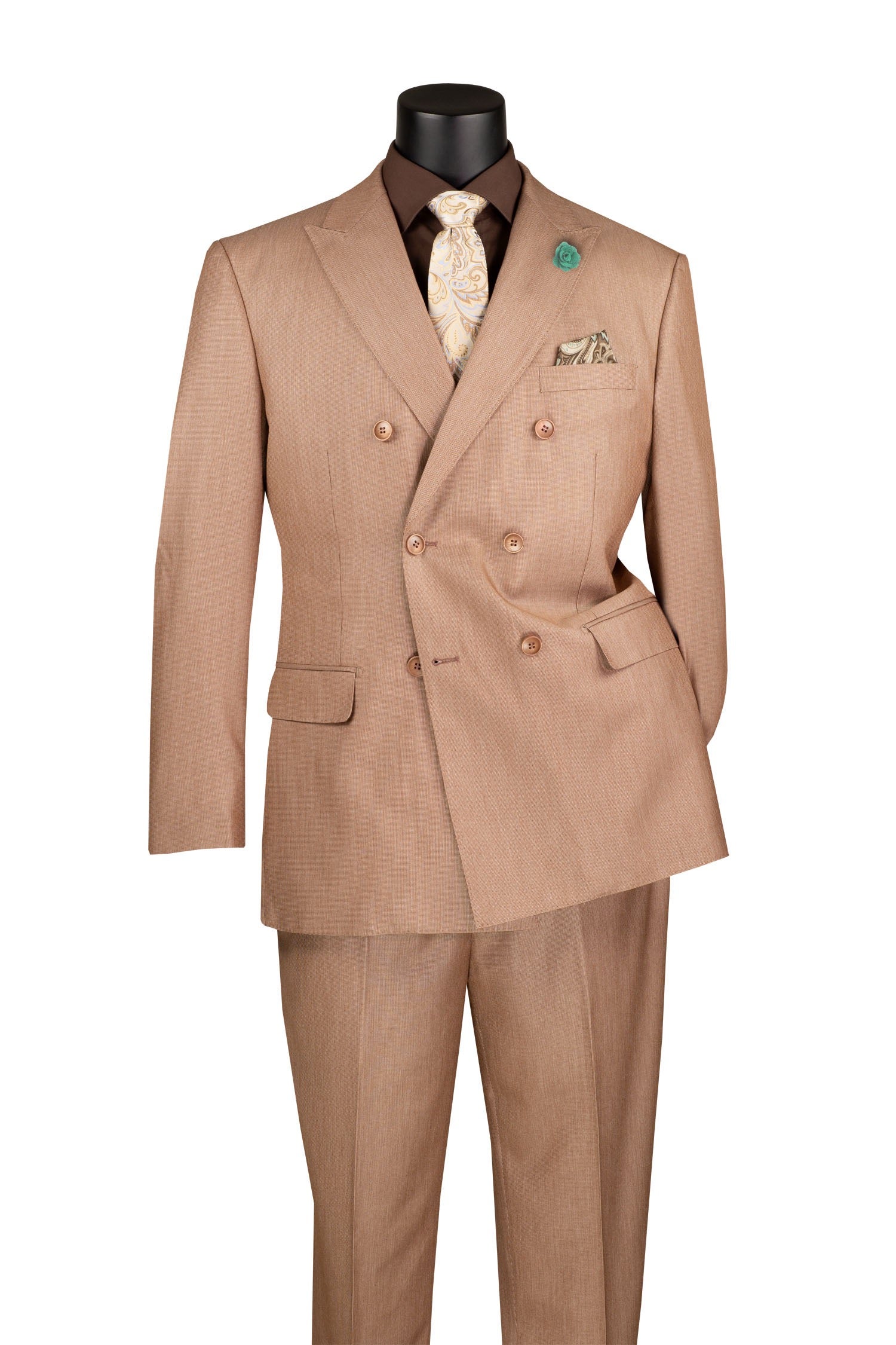 Beige suit with matching jacket and pants on a mannequin against a white background
