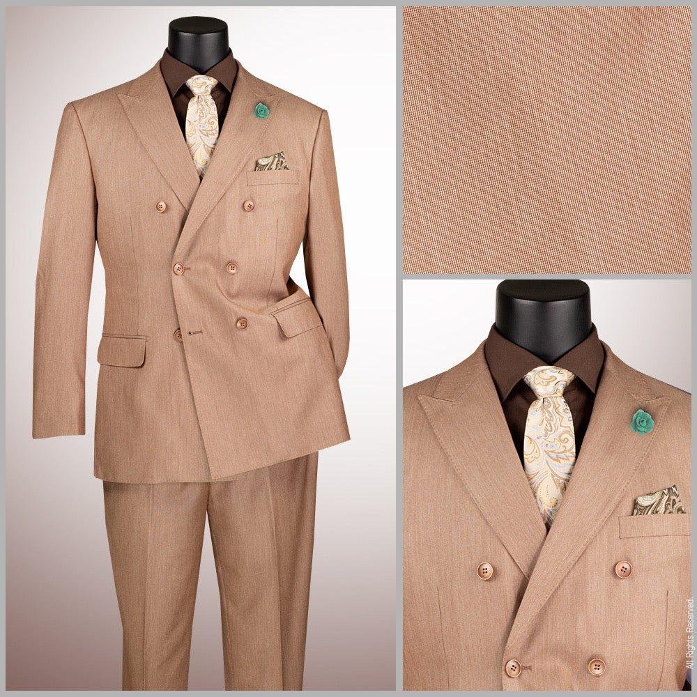 Brown suit with tie and pocket square on a mannequin, close-up of fabric texture, and detailed view of suit with accessories.