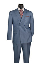 Blue suit with a white shirt, patterned tie, and pocket square on a mannequin against a white background.