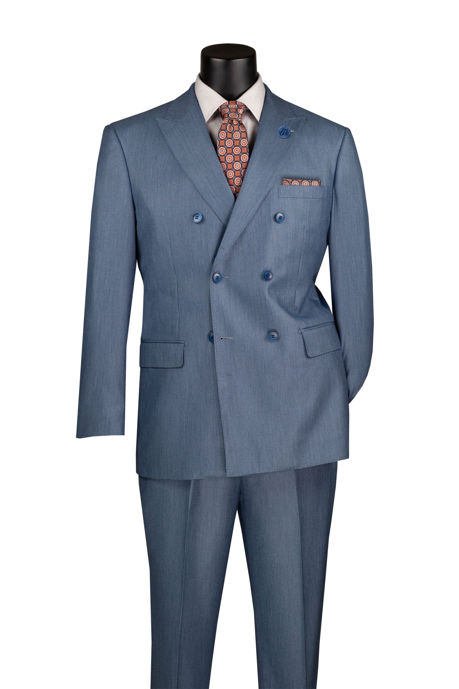 Blue suit with a white shirt, patterned tie, and pocket square on a mannequin against a white background.