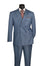 Blue suit with a white shirt, patterned tie, and pocket square on a mannequin against a white background.
