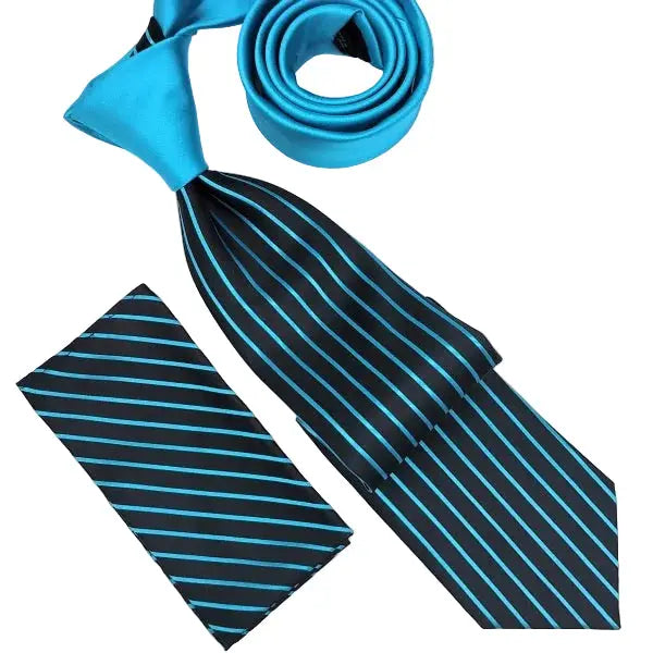 A men's necktie set by Stacy Adams, featuring a bright turquoise blue tie, a matching striped pocket square, and a black necktie with turquoise blue pinstripes. 