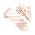 A matching necktie and pocket square set with soft peach and white horizontal stripes, displayed on a clean white background.
