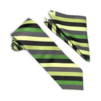 A striped necktie and matching pocket square set on a plain white background. The fabric features horizontal stripes in lime green, forest green, black, and a light chartreuse yellow with a fine dot pattern.