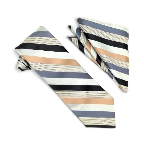 A striped necktie and matching pocket square set on a plain white background. The fabric features horizontal stripes in black, slate blue, cream, and a soft peach-beige color, with some stripes having a subtle textured dot pattern.