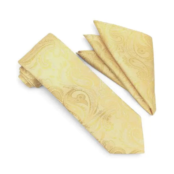 A matching necktie and pocket square set in pale yellow with a subtle woven paisley pattern, displayed on a clean white background.