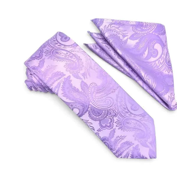 A matching men's necktie and pocket square set in light purple with a darker purple paisley pattern, displayed on a clean white background.