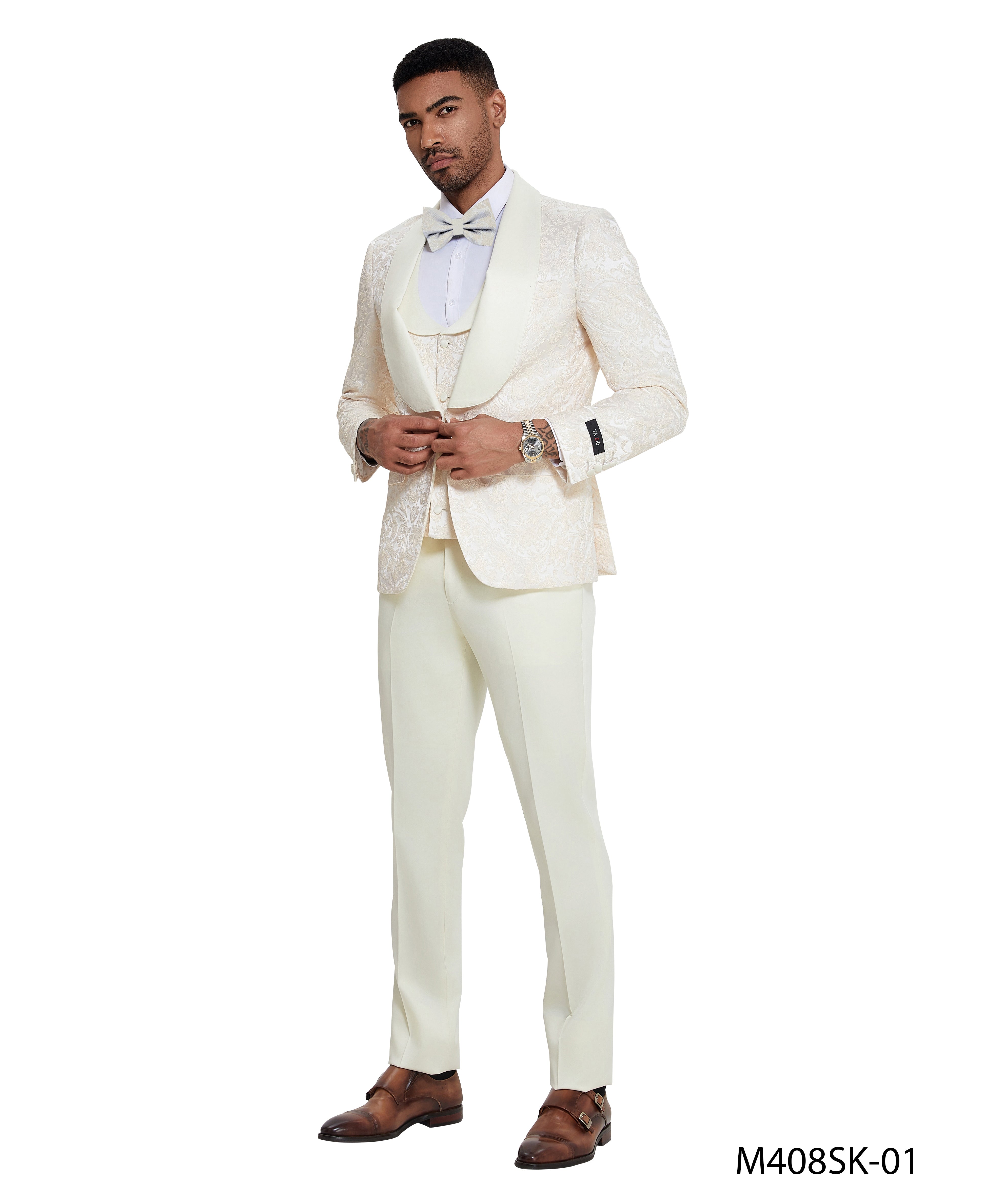 Men's 3-Piece Floral Jacquard Tuxedo Suit – Shawl Lapel with Satin Pants