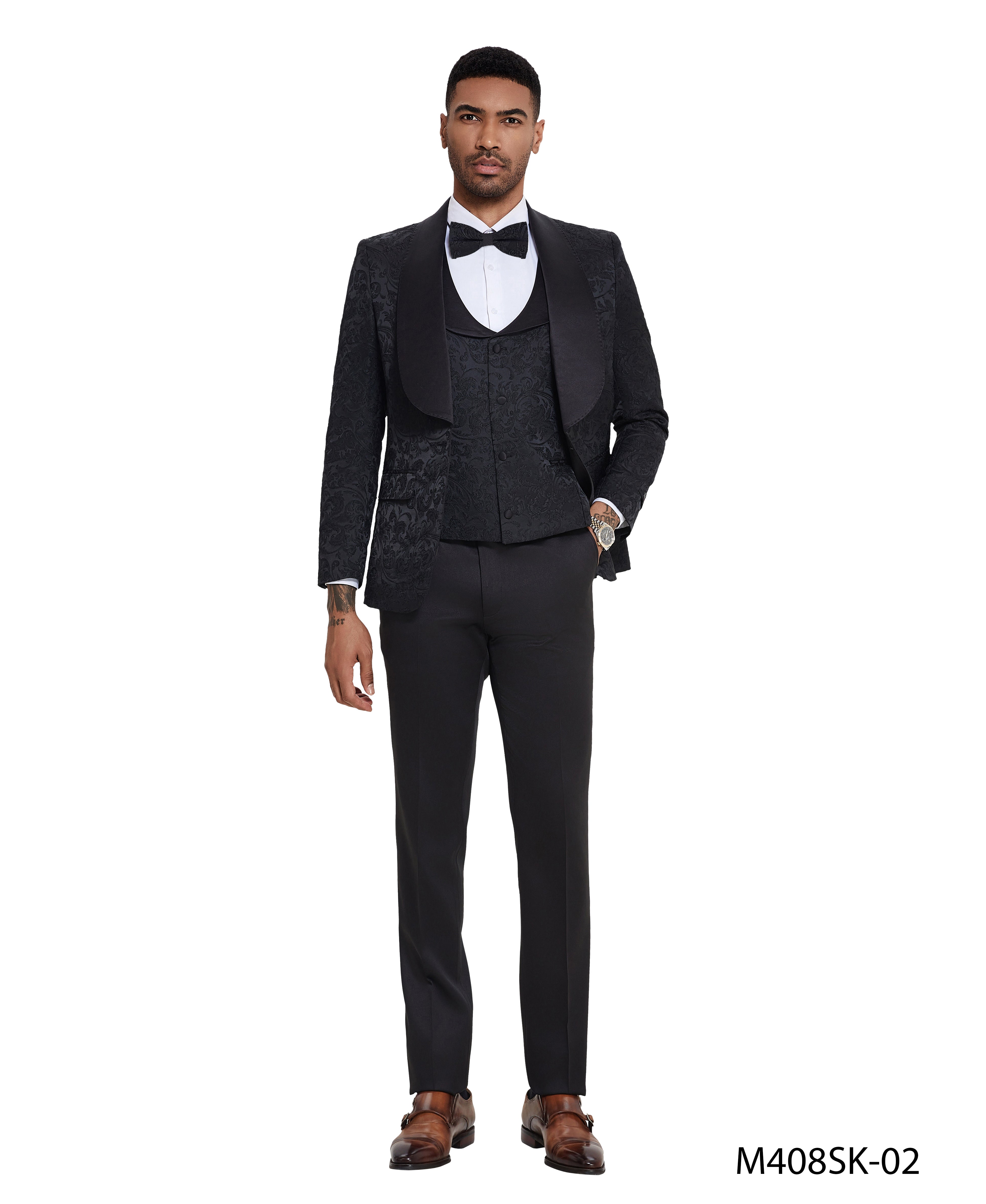 Men's 3-Piece Floral Jacquard Tuxedo Suit – Shawl Lapel with Satin Pants