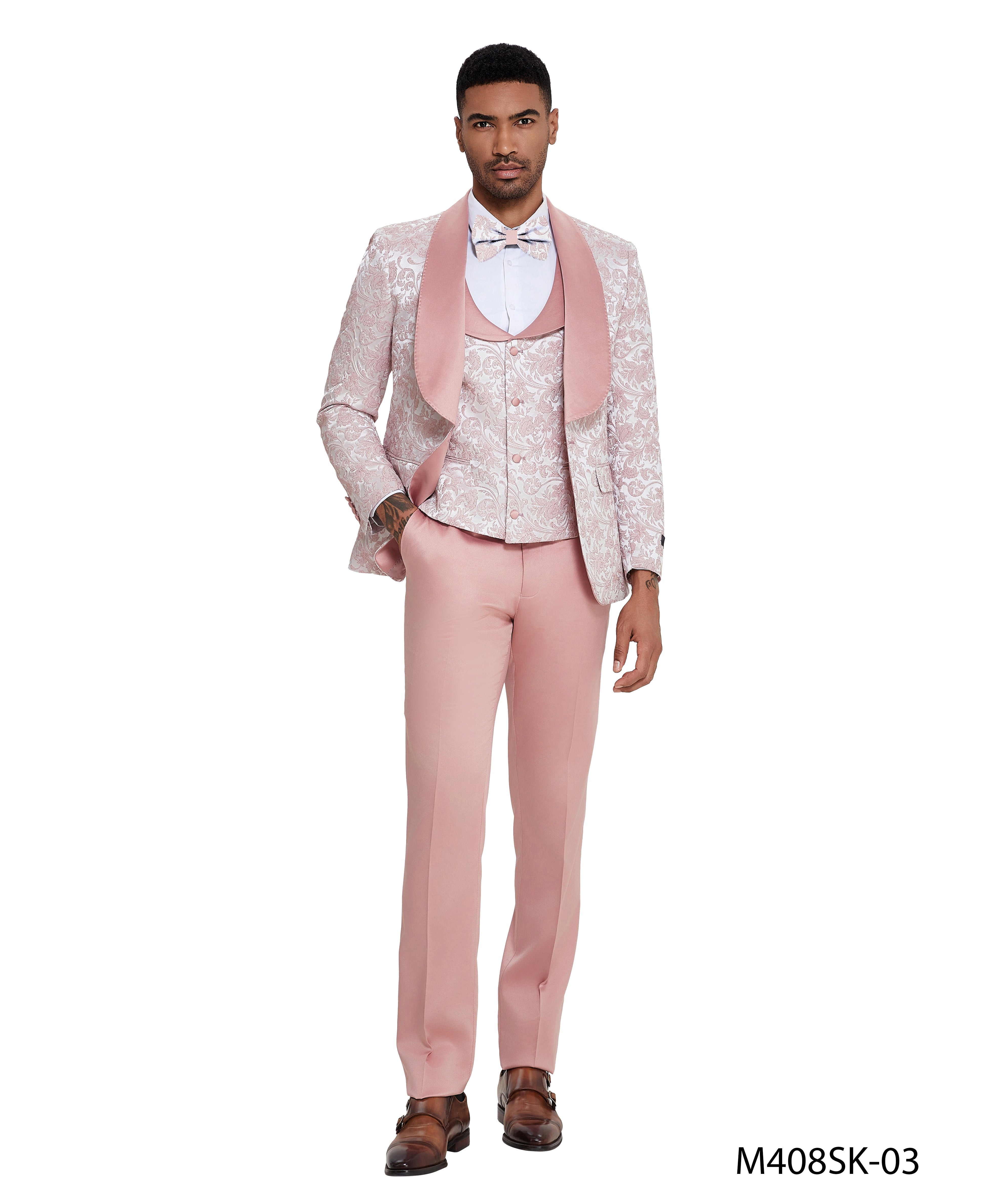 Men's 3-Piece Floral Jacquard Tuxedo Suit – Shawl Lapel with Satin Pants