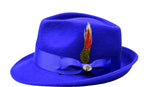 A bright blue felt fedora hat with a matching blue satin band, a bow, and a decorative feather accent, shown on a plain white background.