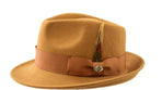A tan felt fedora hat with a matching brown satin band, a bow, and a decorative feather accent, shown on a plain white background.
