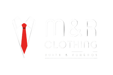 Logo of M&R Clothing with a suit icon on a white font