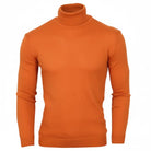 A men's long-sleeve mock neck turtleneck sweater in an orange color, displayed on a white background.