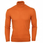 A men's long-sleeve mock neck turtleneck sweater in an orange color, displayed on a white background.