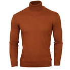 A men's long-sleeve mock neck turtleneck sweater in a solid rust color, displayed on a white background.