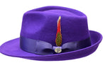 A purple felt fedora hat with a matching purple ribbon band, decorated with a small gold and red feather and a silver-tone 'B' pin, shown against a plain white background.