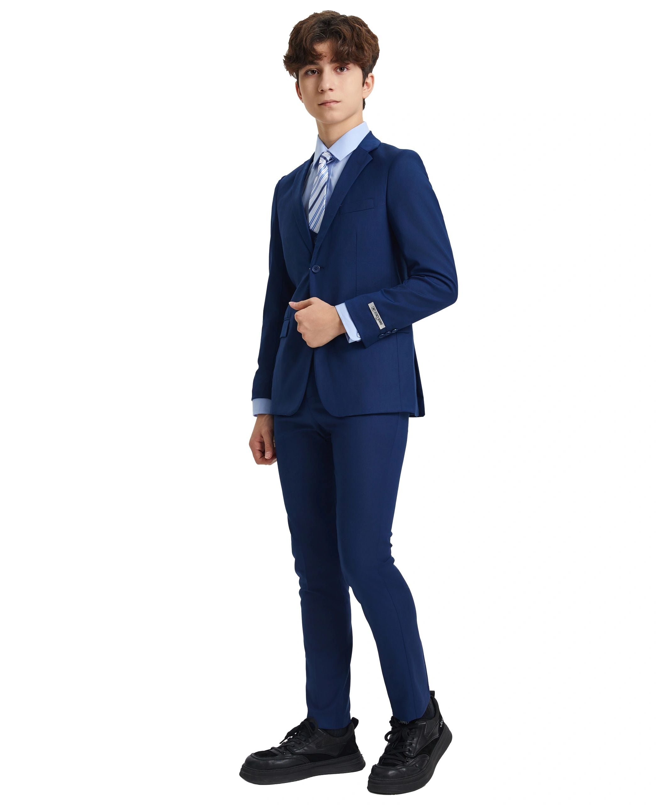 Person wearing a blue suit on a white background