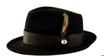 Black fedora hat with a feather and logo on a white background