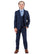 Child wearing a navy blue suit with a white shirt and brown shoes on a white background