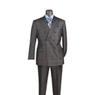 A men's double-breasted suit displayed on a headless mannequin torso against a plain white background. The suit is dark gray with a subtle windowpane plaid pattern, styled with a light blue dress shirt, a blue and white patterned tie, and a matching blue pocket square.