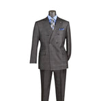 A men's double-breasted suit displayed on a headless mannequin torso against a plain white background. The suit is dark gray with a subtle windowpane plaid pattern, styled with a light blue dress shirt, a blue and white patterned tie, and a matching blue pocket square.