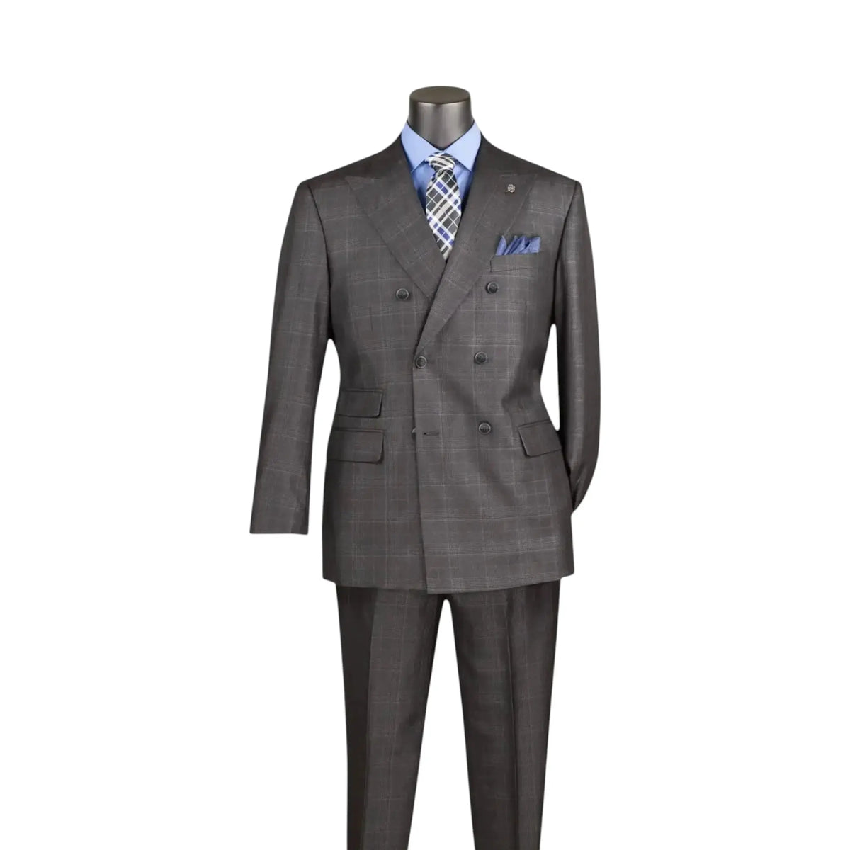 A men's double-breasted suit displayed on a headless mannequin torso against a plain white background. The suit is dark gray with a subtle windowpane plaid pattern, styled with a light blue dress shirt, a blue and white patterned tie, and a matching blue pocket square.