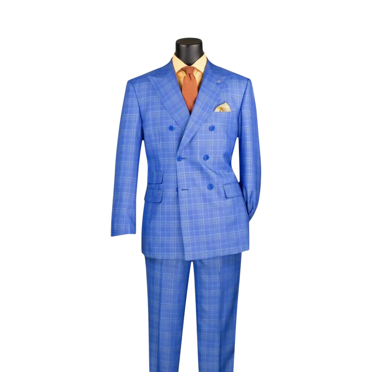 A men's double-breasted suit displayed on a black mannequin torso against a plain white background. The suit is bright blue with a subtle windowpane plaid pattern, paired with a yellow shirt, orange tie, and matching pocket square.