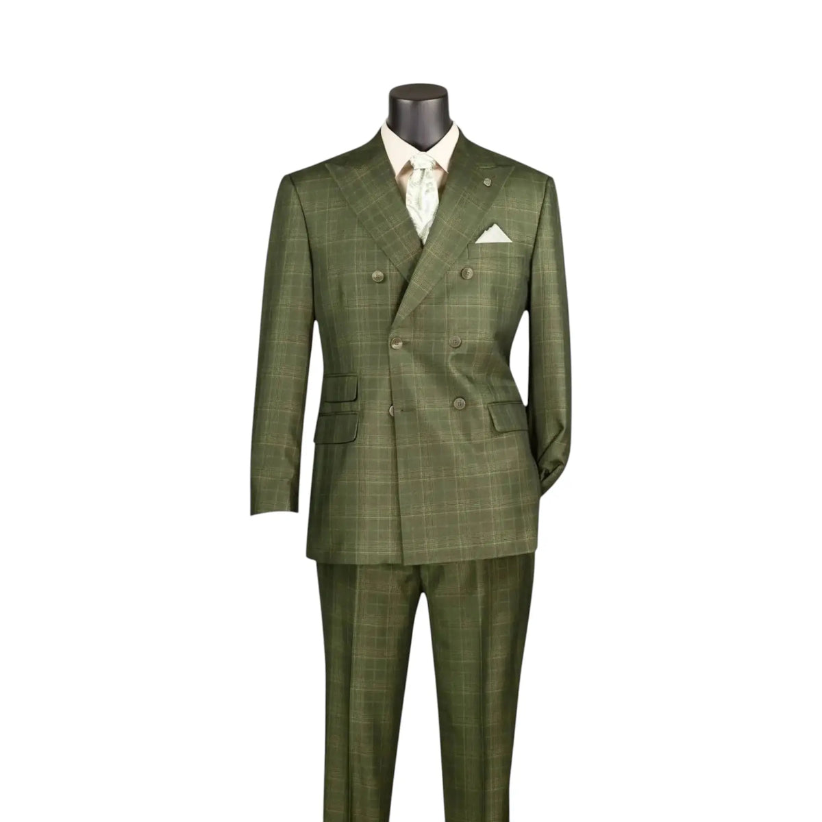 An olive green double-breasted suit with a subtle windowpane plaid pattern, displayed on a mannequin torso with a cream dress shirt, cream tie, and white pocket square against a plain white background.