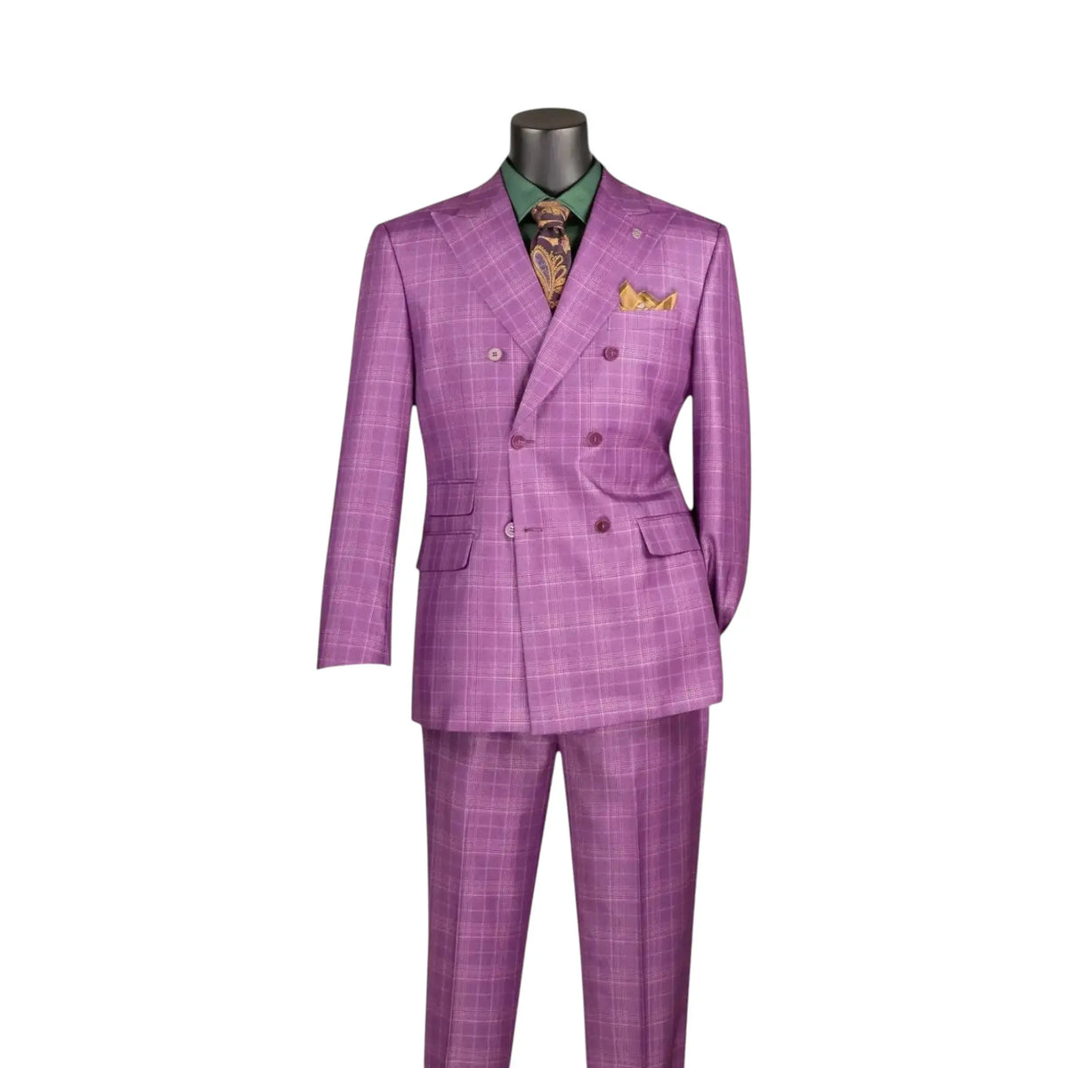 A men's double-breasted suit in a purple and pink plaid pattern, displayed on a mannequin torso with a green shirt, patterned tie, and matching pocket square against a plain white background.