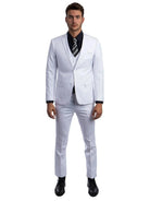 Model wearing a M & R Clothing white skinny-fit 3-piece suit with a black dress shirt and striped tie.