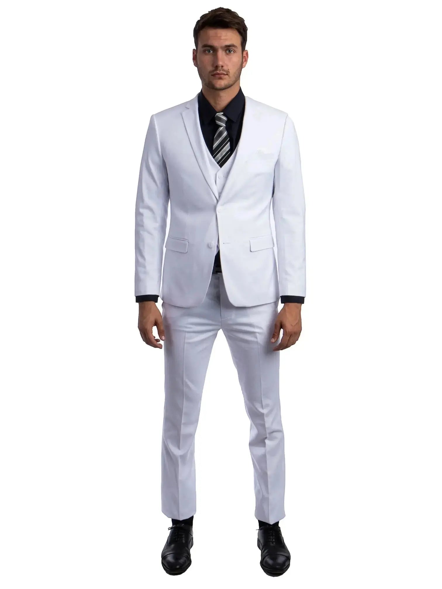 Model wearing a M & R Clothing white skinny-fit 3-piece suit with a black dress shirt and striped tie.