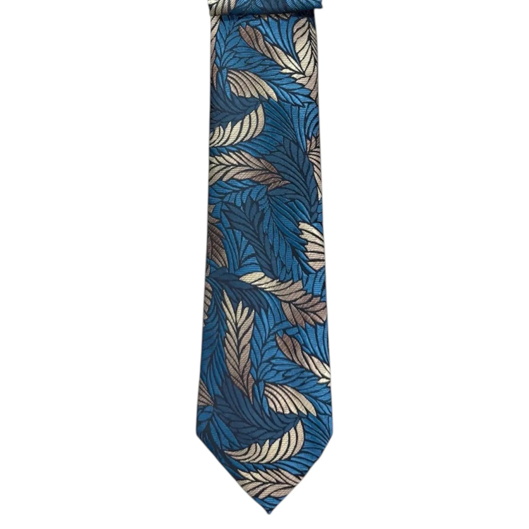 M & R Clothing Augustino tie featuring a blue and bronze woven floral and geometric leaf pattern on lustrous fabric.