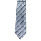 M & R Clothing Augustino tie featuring a light blue and grey floral and geometric woven pattern on lustrous fabric.