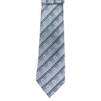 M & R Clothing Augustino tie featuring a light blue and grey floral and geometric woven pattern on lustrous fabric.