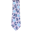 M & R Clothing Augustino tie featuring a light pink background with blue floral and leaf patterns in woven fabric